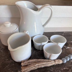 White Porcelain Pitcher, Coffee Creamer/Sugar and 3 Gibson Mini Tea Cup Set
